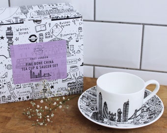 East London Teacup & Saucer Set, Illustrated London Ceramic Tea Set, Fine Bone China, London Gift Idea, London Design, Luxury Homeware