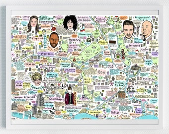 May include: A colorful illustrated map of London, England, with various landmarks, famous people, and historical facts. The map is drawn in a whimsical style with bright colors and bold lines.
