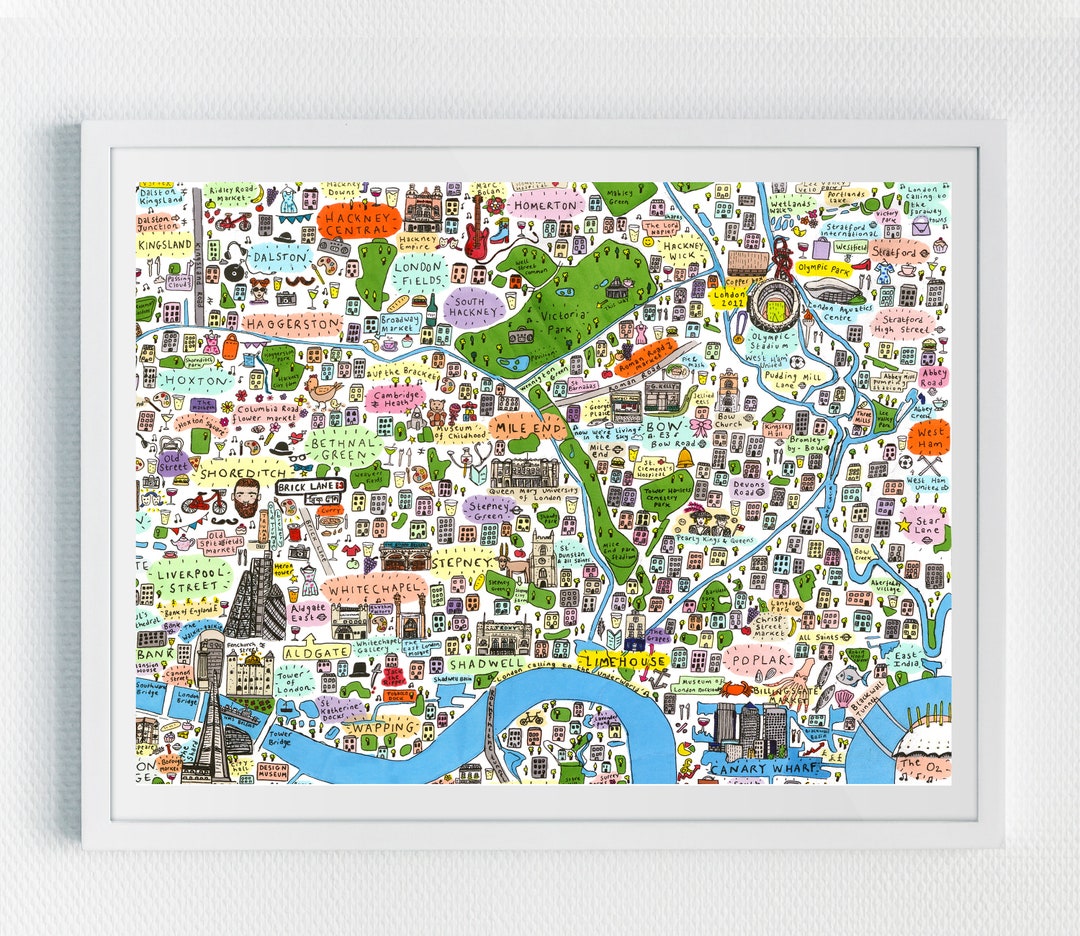 Illustrated Map of East London, Famous London Streets, London Landmarks, Famous London Places