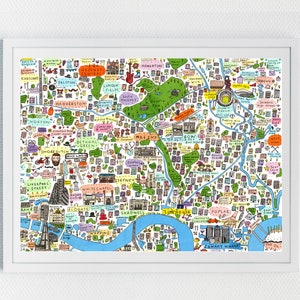 Illustrated Map of East London, Famous London Streets, London Landmarks, Famous London Places, London Artwork, East London Prints, East Art