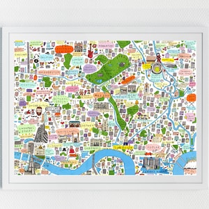 Illustrierte Karte von East London, berühmte Straßen von London, Wahrzeichen von London, berühmte Orte von London, Kunstwerk von London, East London Drucke, East Art