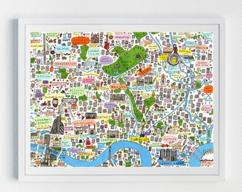 Illustrated Map of East London, Famous London Streets, London Landmarks, Famous London Places, London Artwork, East London Prints, East Art