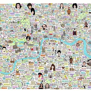 Mappa illustrata A0 della storia e della cultura di Londra, famose strade di Londra, monumenti di Londra, luoghi famosi di Londra, Londra famosa, Amore Londra