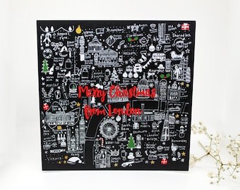 May include: A black and white illustrated Christmas card featuring a map of London with landmarks and the text "Merry Christmas from London".