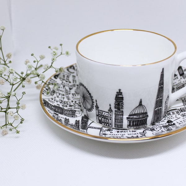 Special Edition London Teacup & Saucer Set, Gold Gilded, Illustrated London Ceramic Tea Set, Fine Bone China, Gift Idea, Luxury Homeware