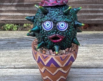 Hand-Sculpted Cactus Assemblage Art – Whimsical Potted Sculpture, Unique Home Decor