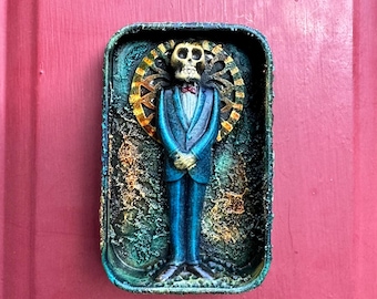 The Patient Gentleman – Skeleton Shrine in Upcycled Tin | Gothic Memento Mori Assemblage Wall Art