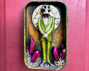The Last Appointment – Skeleton Shrine with Antique Clock & Crystals | Gothic Assemblage Wall Art