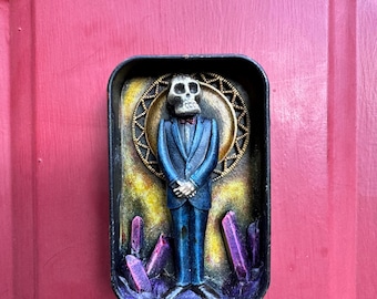 The Eternal Gentleman – Skeleton Shrine with Crystals | Gothic Assemblage Wall Art