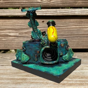 Upcycled Camera Angler Fish Robot: Unique Junk Art Sculpture - Found Object Sea Monster Assemblage