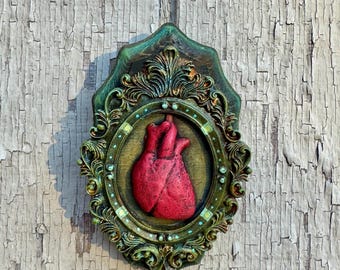 Upcycled Green Heart Assemblage Art: Witchy Protection Oddity