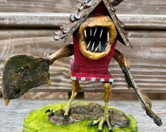 Baba Yaga and Crow Familiar: Mystical Found Object Sculpture - Witchy Folklore-Inspired Dark Assemblage Art