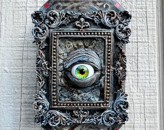 The Unblinking Witness - Gothic Eyeball Sculpture in Ornate Upcycled Frame - Dark Fantasy Oddities Wall Decor