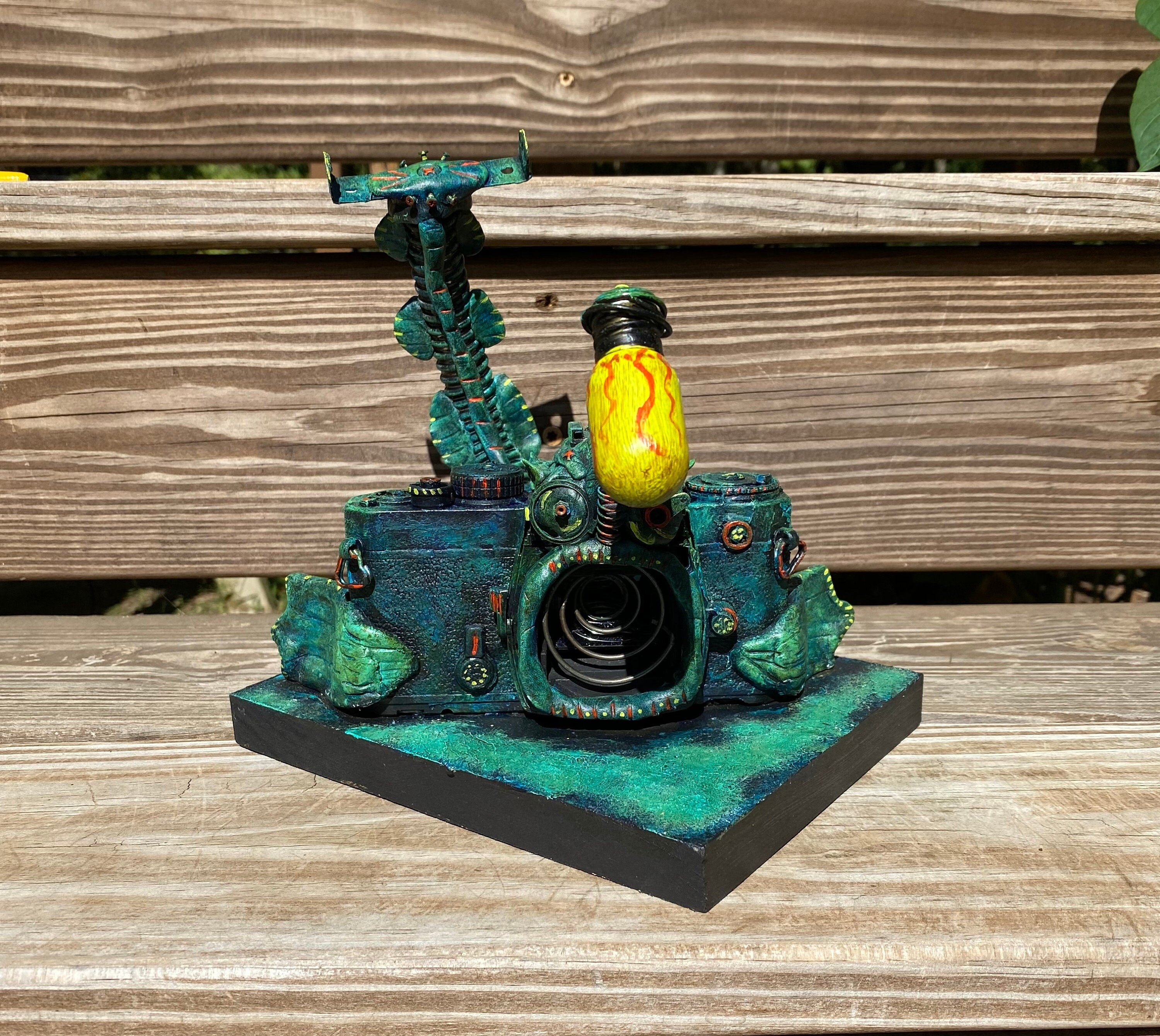 Upcycled Camera Angler Fish Robot: Unique Junk Art Sculpture - Found Object Sea Monster Assemblage