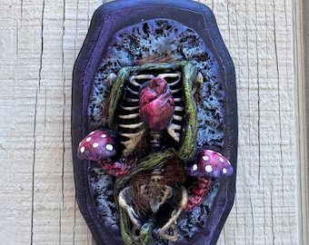 Midnight Blue Hand-Painted Skeleton Torso Shrine: Upcycled Assemblage Wall Decor