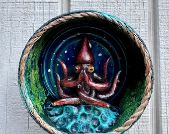 Squid Wall Shrine Assemblage Art – Whimsical Nautical Ocean Décor