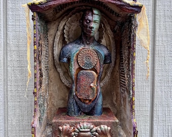 The Patron Saint of Secrets – OOAK Assemblage Shrine | Mixed Media Reliquary | Hidden Message Art | Gothic Folk Art Sculpture
