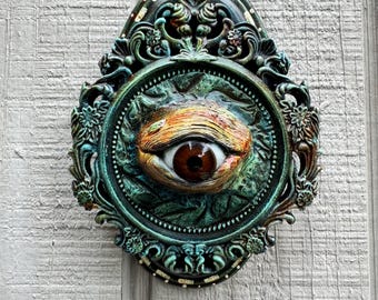 The Relic Keeper | Gothic Eyeball Wall Art | Handblown Glass Eye Sculpture | Verdigris Patina Upcycled Frame | Dark Fantasy Oddities Decor