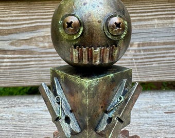 Upcycled Wooden Robot Sculpture: Steampunk Assemblage Art with Patina