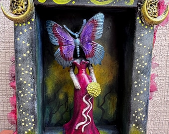 Moth Woman Cryptid Shrine – Hand-Painted Found Object Assemblage Sculpture