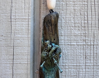 Handcrafted Copper Patina Heart Talisman: Reclaimed Driftwood Wall Art for Protection and Decor