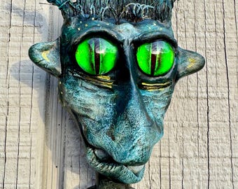 Hand-Sculpted Goblin Wall Sculpture – Luminous Green Eyes, Dark Fantasy OOAK