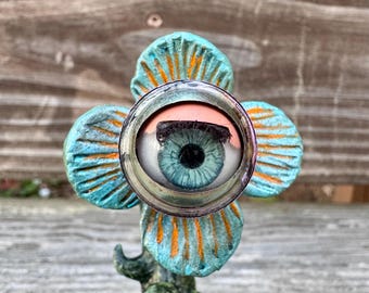 Freaky Flora: Watchful Relic Bloom – Vintage Doll Eye Flower Sculpture, OOAK Dark Botanical