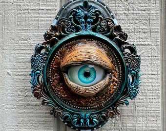 Gothic Eyeball Wall Art | Blue Doll Eye Sculpture in Upcycled Ornate Frame | Oddities Decor | Dark Academia Fantasy Piece