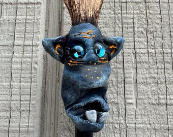 Noctis Emberlin – Nocturnal Goblet Guardian | OOAK Mini Goblin Sculpture | Dark Whimsical Assemblage Art
