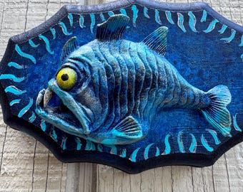 Moonblind River Beast Handmade Cryptid Fish Wall Plaque Oddity Assemblage Art Sculpture Horror Decor Monster Curiosity