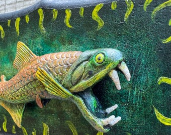 Handmade Swamp Creature Fish Sculpture Plaque - Folk Horror Wall Art Relic Oddity Decor