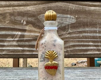 Love Witch Bottle, Vintage Perfume Talisman with Sacred Heart Charm