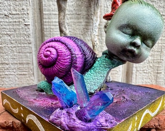 Snail Prince Whimsical Fantasy Sculpture Crystal Cluster Mushroom Garden OOAK Found Object Art Assemblage