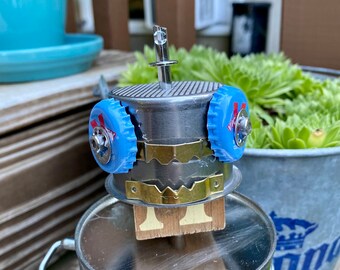 Upcycled Robot Sculpture: Handmade Tin Can Bot, Industrial Art