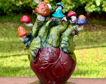 Unique Upcycled Handcrafted Heart Mushrooms Mixed Media Sculpture Anatomical Art Decor Assemblage Salvaged Objects