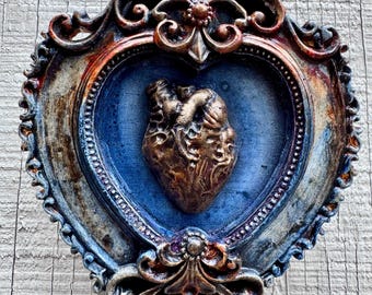 Heart of Ash & Gold - Gothic Sacred Heart Wall Shrine, OOAK Assemblage Art, Dark Romantic Decor