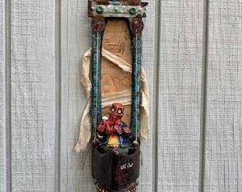 Nautical Assemblage Art Sculpture | Upcycled Coastal Wall Art, Octopus Captain Shrine