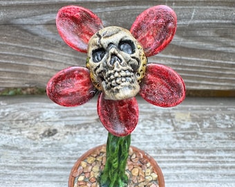 Crimson Skull Bloom | Handmade Gothic Botanical Sculpture | Macabre Flower Art | Creepy Cute Decor | OOAK Mixed Media Plant