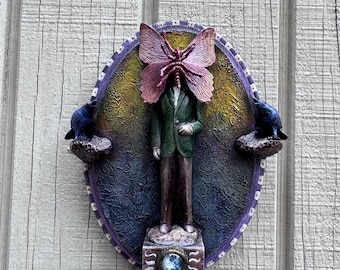 Moth Man Cryptid Wall Shrine | Gothic Assemblage Art, Found Object Sculpture
