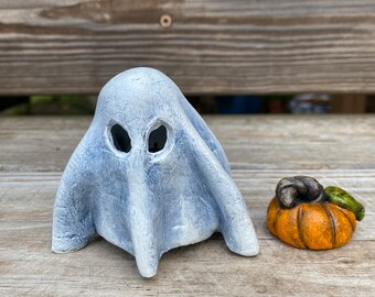 Ghost and pumpkin - Light up ghost - Halloween decor - Cute ghost - Clay Sculpture - Hand Sculpted - Battery operated