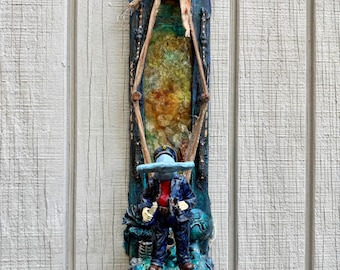 Nautical Assemblage Art Sculpture | Upcycled Mixed Media Wall Art, Coastal Shrine