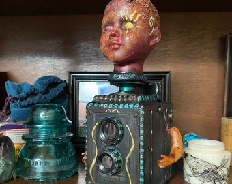 Upcycled Doll Head Camera Sculpture: Vintage Assemblage Art