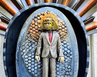 The Sphinx Handmade Assemblage Wall Shrine | Surreal Mixed Media Sculpture with Industrial Relics & Found Objects