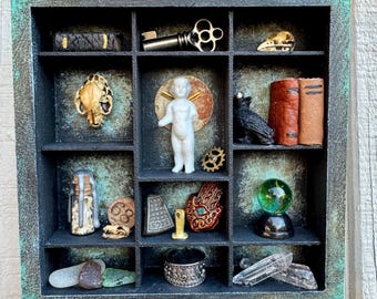 The Mystic – Handcrafted Wunderkammer Curio Cabinet | Found Object Assemblage Art | Miniature Shrine & Curiosity Box