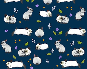 Marine Blue Bunnies Floral Fabric Print - Fat Quarter