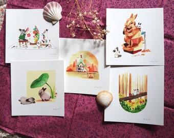 Ansichtkaart Art Print Set van 5, T & T Bunnies