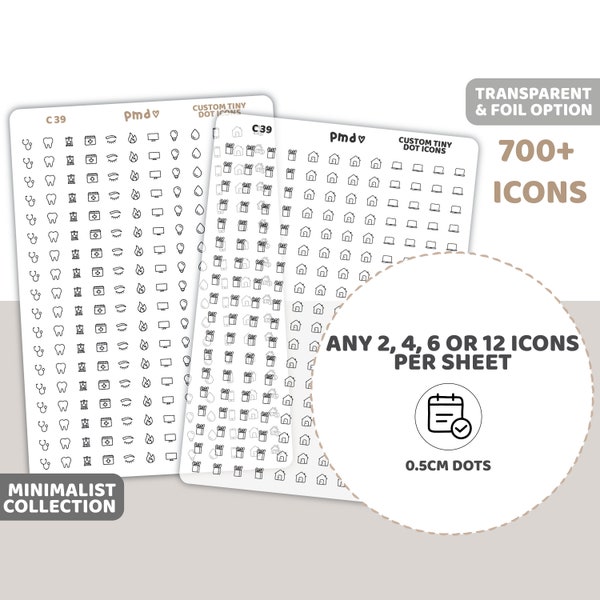 Custom Tiny Icon Dot Stickers | Any 2, 4, 6 or 12 Icons per sheet | Minimalist Planner Stickers | C39