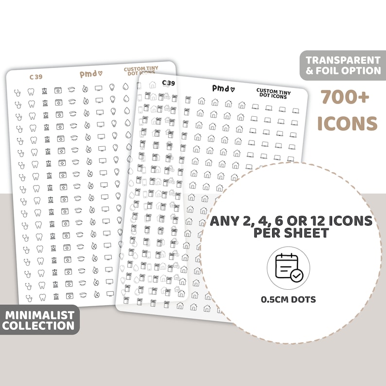 Custom Tiny Icon Dot Stickers Any 2, 4, 6 or 12 Icons per sheet Minimalist Planner Stickers C39 zdjęcie 1