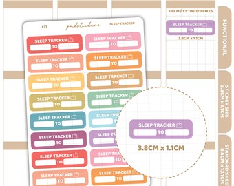 May include: A sticker sheet featuring multiple rectangular sleep tracker labels in various colors including red, orange, yellow, green, blue, purple, and pink. Each label includes the text SLEEP TRACKER, a bed icon, and two blank white boxes.