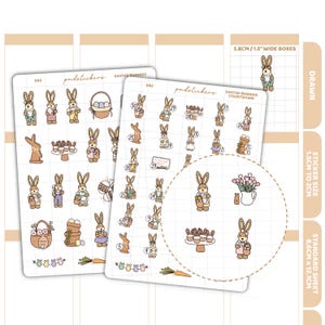 Puede incluir: Dos hojas de pegatinas con ilustraciones de conejitos de Pascua. Las pegatinas incluyen conejitos con cestas, huevos y zanahorias. Las hojas están etiquetadas como "Easter Bunnies" y "Easter Bunnies Countdown". El tamaño de la hoja de pegatinas es de 8,6 cm x 12,1 cm.